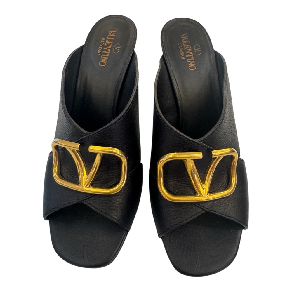 Valentino Garavani Black Leather Slide Heels with Gold V Logo